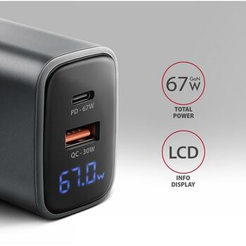 Axagon lādētājs ACU-PQ67D 67W, 2xUSB, PD3.0, QC4+, LCD displejs, strāvas adapteris (ACU-PQ67D)