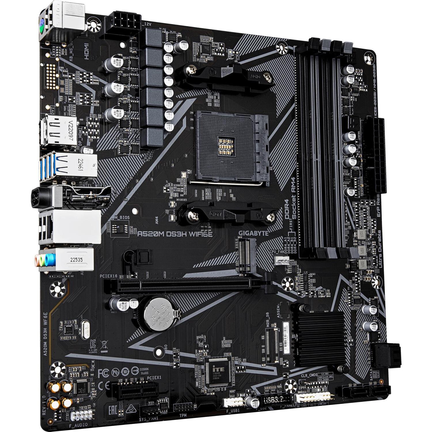 Gigabyte A520M DS3H WIFI6E, A520M DS3H WF6E, 4x SATA-600, 1x M.2, 128 GB, 4 DIMM DDR4, Gigabit Ethernet, HD Audio (A520M DS3H WF6E)