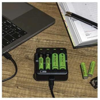 Emos Зарядное устройство для аккумуляторов BCN-40 N9321, 88 × 72 × 30 мм, USB 5 В/1 А, 4 канала, NiMH, 10:00 AA, 4:00 AAA (N9321)
