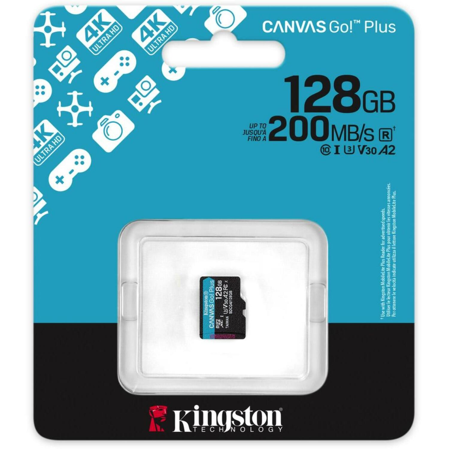 Kingston microSDXC SDCG4/128GBSP 128GB, скорость чтения 200MB/s, скорость записи 100MB/s, UHS-3, V30, A2, черный/бирюзовый (SDCG4/128GBSP)