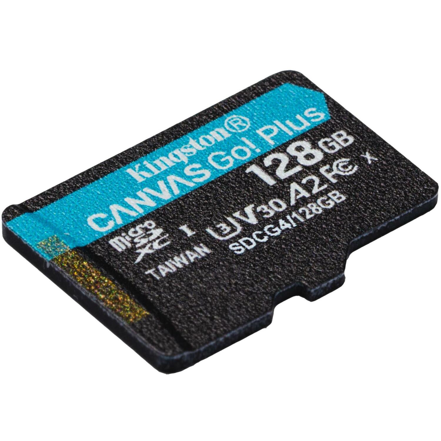 Kingston microSDXC SDCG4/128GBSP 128GB, скорость чтения 200MB/s, скорость записи 100MB/s, UHS-3, V30, A2, черный/бирюзовый (SDCG4/128GBSP)