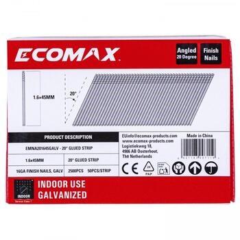 Ecomax отделочные гвозди EMNA201645GALV&EMX, 45x1,6 мм, 20°, 16GA, электр оцинкованные, 2500 шт (EMNA201645GALV&EMX)