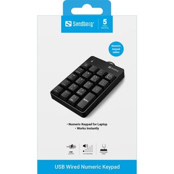 Sandberg 630-07 USB проводная цифровая клавиатура, 19 клавиш, мембранная, 1,5 м, черная, LED, Windows/Mac (630-07)