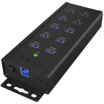Raidsonic USB centrmezgls IB-HUB1703-QC3, 7x USB 3.0, AC 120/230 V, melns, QC 3.0 uzlāde, sienas stiprinājums (IB-HUB1703-QC3)