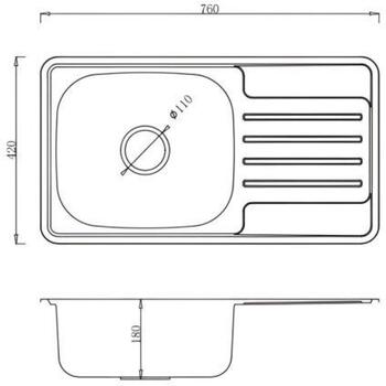 Ab Кухонная раковина 9133811, 760mm, 420mm, 0.8mm, нержавеющая сталь, прямоугольная, функция перелива (9133811)