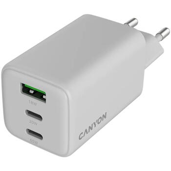Kompakts sienas lādētājs ar GaN tehnoloģiju 65 W kopējo jaudu 2×PD un 1×QC ātrās uzlādes portiem CU65ACC EU Balts CNS-CUW65ACC CANYON (CNS-CUW65ACC)