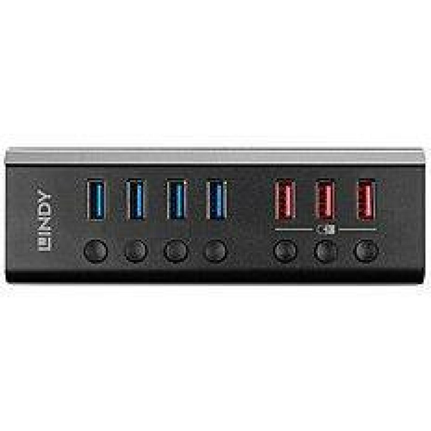 Lindy USB centrmezgls 43371 4x USB 3.0, 3x ātrā uzlāde, 5Gbps, slēdzis katram portam, 54W barošanas avots (43371)