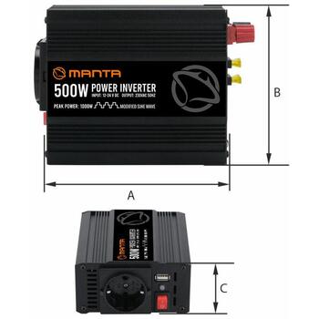 Manta MPI500M инвертор, 500W, 1000W, 12V или 24V на 230V, USB DC 5V 2.1A, модифицированная синусоида, защита (MPI500M)