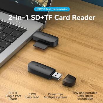 Vention atmiņas karšu lasītājs CLEB0, 60mm, USB, melns, 2 sloti, 1 gab., polietilēna maisiņš, saderīgs ar Win 11/10/8/Vista/XP (CLEB0)