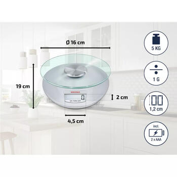 Soehnle Roma Silver 1065856, электронные кухонные весы, 5кг, г и унции/фунты, TARA, автоотключение, 2x1,5В AAA (1065856)