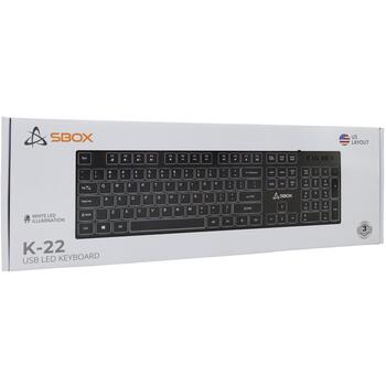 Sbox Клавиатура K-22 BLACK/US, 1.5m, 104/105 клавиш, мембранная, белая LED подсветка (K-22 BLACK/US)