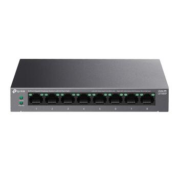 TP-LINK LS108GP настольный коммутатор, 8x Gigabit, 8x PoE+ 30W, бюджет 62W, 16 Гбит/с, 250м, без вентилятора (LS108GP)