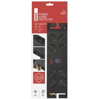 Emos Защита от перенапряжения P54252, 3 м, 1800 Дж, 8 × 2P + PE, 3680 Вт, 16 А, EMI/RFI фильтр, защита от детей (P54252)