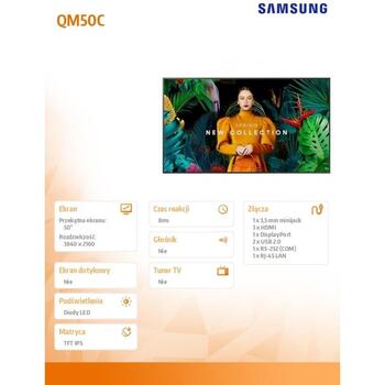 Samsung монитор QM50C LH50QMCEPGCXEN, 50'', 500(cd/m2), 3840 x 2160, 1 x 3,5 мм миниджек, 1 x RJ-45, 1 x RS-232, 3 x HDMI, 1 x DP (LH50QMCEPGCXEN)
