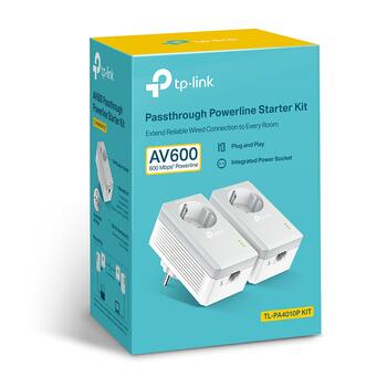 TP-LINK AV600 Passthrough Powerline Starter Kit TL-PA4010P KIT, 600Mbps, 1x10/100Mbps, 128-bit AES, powerline адаптер (TL-PA4010PKIT)