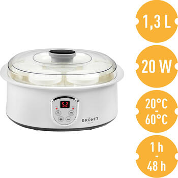 Browin Йогуртница 801015, 7 банок, 1.3 L, 20 W, 1-48 ч, 20-60 °C, сетевой шнур (801015)