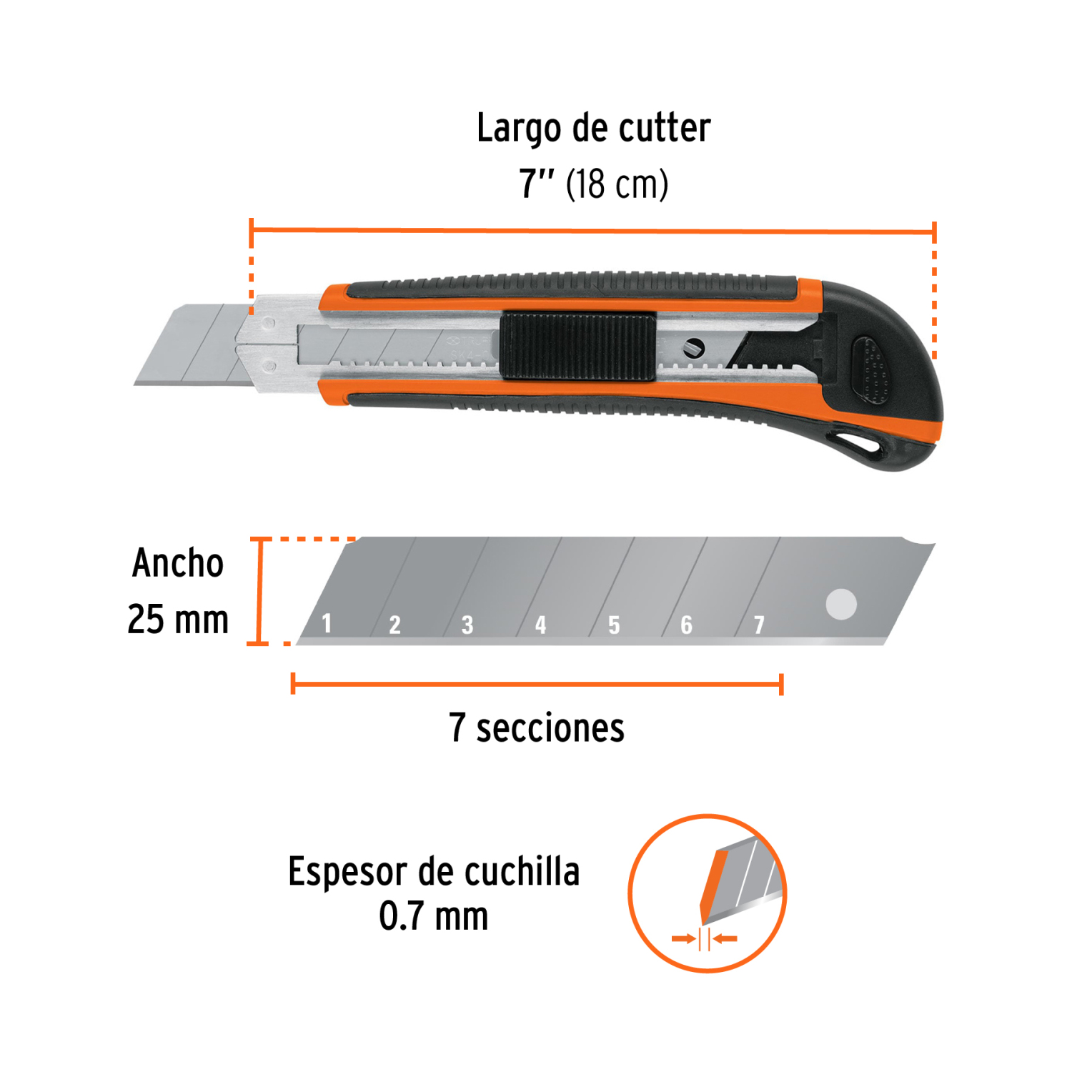 Нож с автоматической сменой лезвия 25мм, 3 запасных лезвия CUT-7X Truper (CUT-7X)