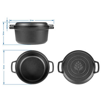Browin čuguna katls ar pannu 330528, 5 l, 1 l, 26 cm, 21 cm, 12 cm, 15 cm, rokturi, vāks, grila panna, indukcijas, gāzes (330528)