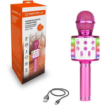 Manta MIC21-PKL rozā karaoke mikrofons, 5W, Bluetooth 5.0, MP3, micro SD, AUX, USB, balss modulācija, atbalss (MIC21-PKL)