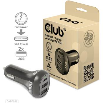 Club3D Lādētājs CAC-1921 36W, Ieejas spriegums 12/24V, 2x USB Type-A 5V/3A, 1x USB Type-C 5V/3A, 9V/2A, OCP, OVP, SCP, OTP (CAC-1921)