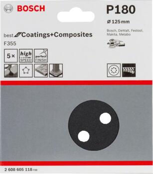 Slīppapīrs,akmenim,PEXGEX D=125mm,K180,5 gab., Ekscentra slīpmašīnām PRO F355 SLĪPDISKS, 2608605118, BOSCH (2608605118)