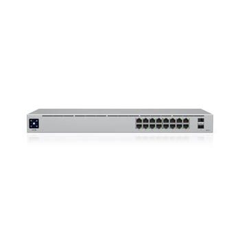 Коммутатор Layer 2 16 портов PoE с 8 × GbE PoE+ + 8 × GbE и 2 × 1 GbE SFP общий PoE бюджет 42 Вт безвентиляторный 1.3″ LCM USW 16 PoE Белый Ubiquiti (USW-16-POE-EU)