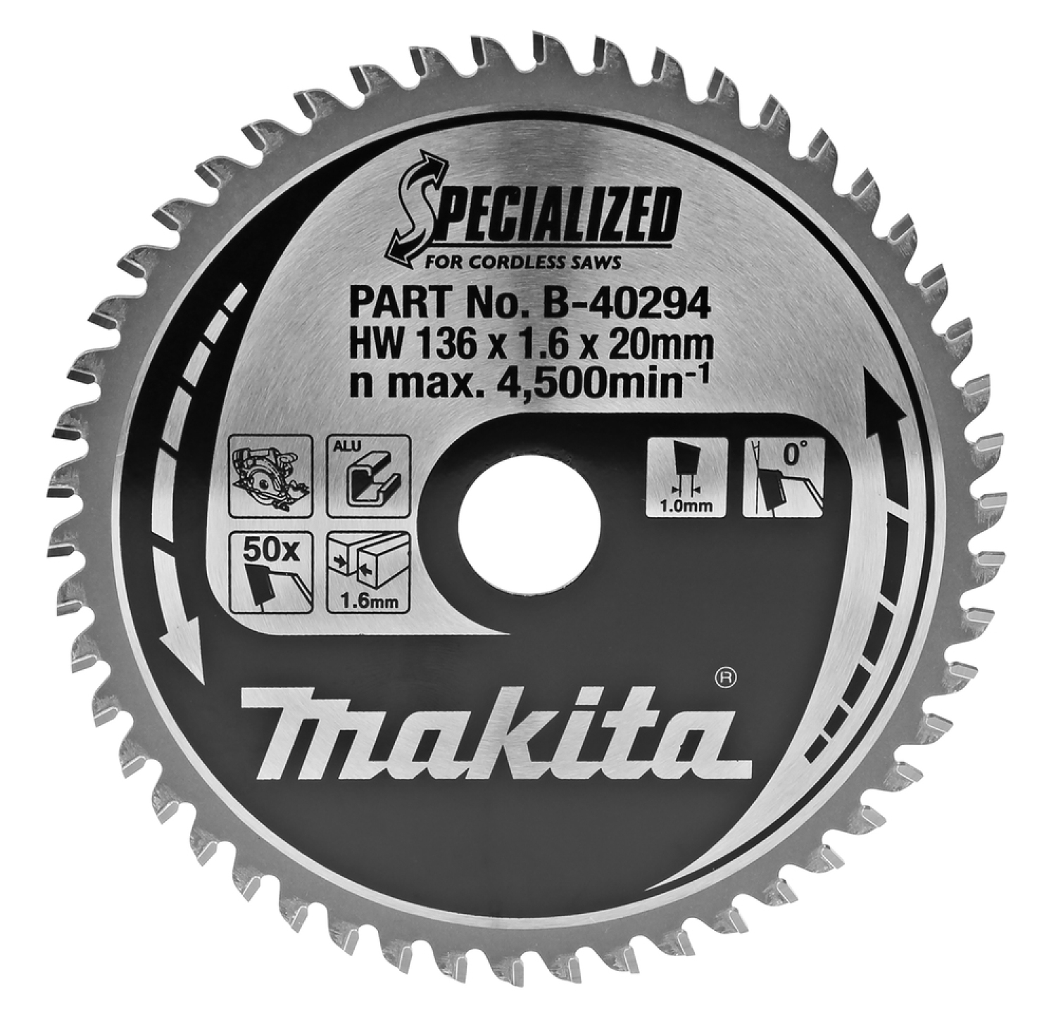 Makita zāģripa B-40294, 136mm, 20mm, 1,6mm, 50 zobi, 0°, alumīnijam (B-40294)