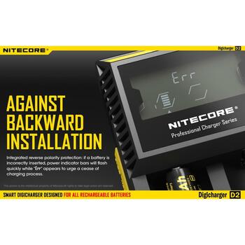 Nitecore Зарядное устройство D2EU, 2 слота, совместимо с Li-ion, Ni-MH, Ni-Cd, ЖК-экран, оптимизированная зарядка (D2EU)