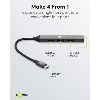 Goobay USB-хаб 74457, USB-C на USB-A, 5 Гбит/с, 4 порта, док-станция, светло-серый (74457)
