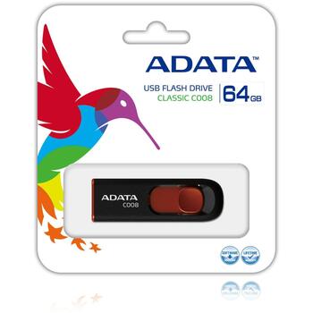 Adata USB флеш-накопитель AC008-64G-RKD 64GB, USB 2.0, черный, красный, слайд-дизайн, Plug and Play (AC008-64G-RKD)