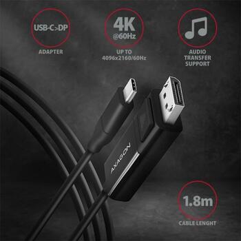 Axagon Видео кабель RVC-DPC 1.8m, USB Type-C, DisplayPort 1.2, 4096 x 2160, 60Hz, активный видеопреобразователь, HDCP 2.2 (RVC-DPC)