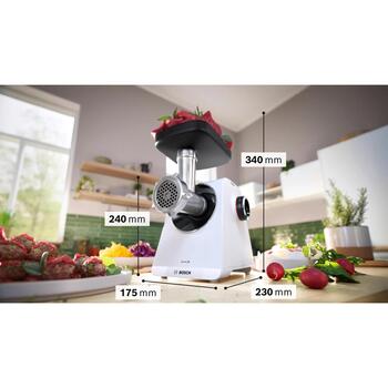 Bosch Gaļas mašīna MFWS607W, 2.1 kW, 3.5 kg/min, 2 ātrumi, metāla asmens, desu pildīšanas uzgalis, uzglabāšana (MFWS607W)
