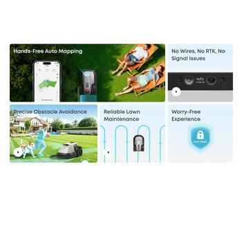 Eufy E15 робот газонокосилка без проводов до 800м² AI камерная навигация Wi-Fi приложение ширина среза 20.3см / высота 25–75мм Li-Ion 93Wh серый (T2880GA1)
