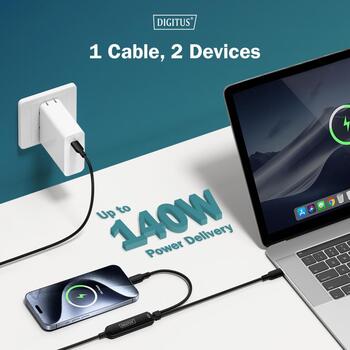 Digitus USB-C кабель для зарядки AK-300170-018-S, 1.8м, 140Вт, 5А, черный, плетеный, USB PD 3.1 (AK-300170-018-S)