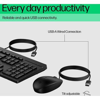 HP 225 проводной комплект мыши и клавиатуры AX2Y7AA#ACB, 1200 DPI, 1.8 м, USB, полноразмерная, черный, оптическая мышь, 3 кнопки (AX2Y7AA#ACB)