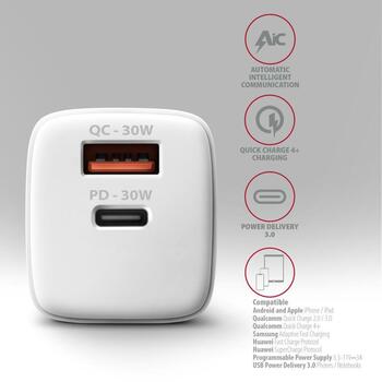 Axagon настенный зарядное устройство ACU-PQ30W 30W, 100-240V, 2xUSB, быстрая зарядка, защита от перегрузки, белый (ACU-PQ30W)