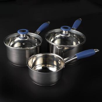 Russell Hobbs sautēšanas katliņu komplekts RH01178EU, 16cm, 18cm, 20cm, nerūsējošais tērauds, silikona rokturi (RH01178EU)