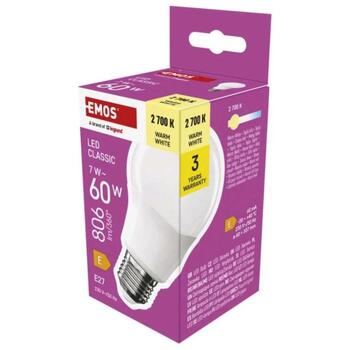 Emos LED лампочка Classic A60 ZQ5E41, 7 W, 806 lm, 220-240 V~, 50/60 Гц, 30 000 часов, E27, теплый белый (ZQ5E41)