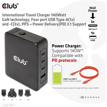 Club3D мобильное зарядное устройство CAC-1917 140W, 100-240V, 3x USB-C, 1x USB-A, PD 3.1, PPS, OCP, OVP, SCP, OTP, CE, FCC (CAC-1917)