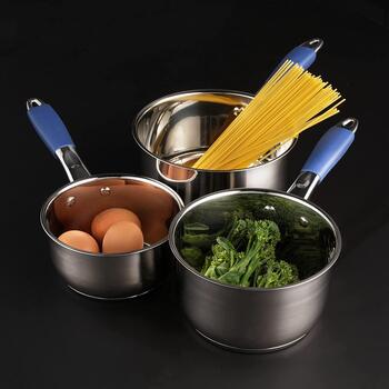 Russell Hobbs sautēšanas katliņu komplekts RH01178EU, 16cm, 18cm, 20cm, nerūsējošais tērauds, silikona rokturi (RH01178EU)