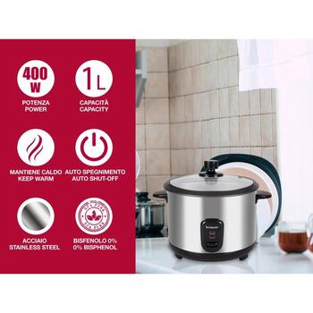 Beper Пароварка для Риса P101VAP001, 400W, 1L, стеклянная крышка, стальная конструкция, антипригарная чаша, паровая подставка (P101VAP001)