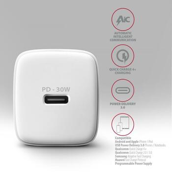 Axagon зарядное устройство ACU-PD30W 30W, 1x USB-C, быстрая зарядка, белый, сетевой адаптер, CE, RoHS (ACU-PD30W)