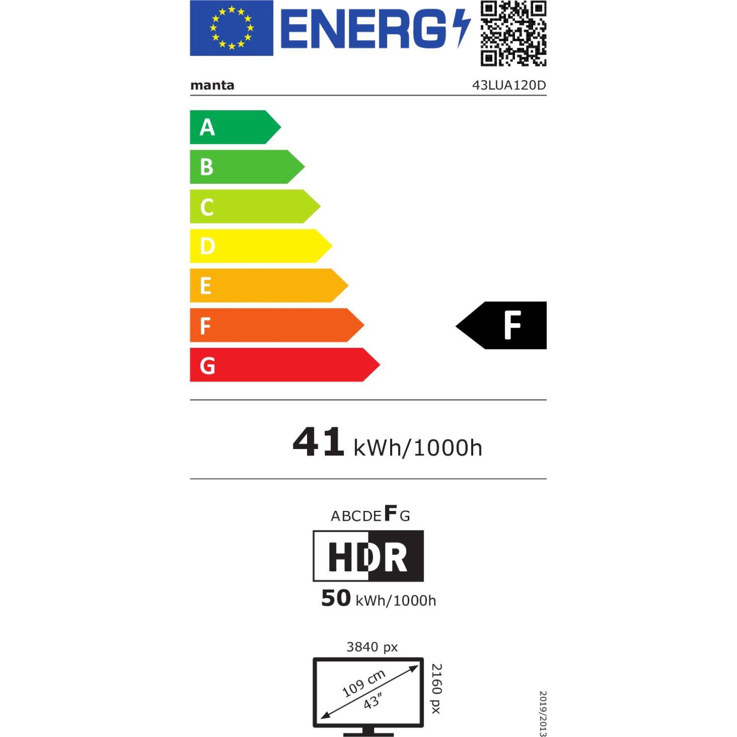 Manta televizors 43LUA120D, 43 collas, 3840x2160 px, DVB-T2/HEVC H.265, 2x8W, WiFi, HDR, VESA 200x200 (43LUA120D)
