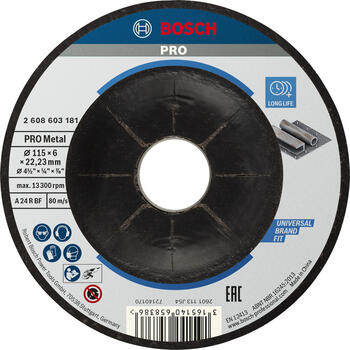 Slīpēšanas disks,izliekts Metālam,115X22X6 mm, Mazām leņķa slīpmašīnām PRO METAL SLĪPRIPA, 2608603181, BOSCH (2608603181)