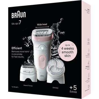 Braun epilators Silk-épil Series 7 7-060 SE7060, 40 min, 1 līmenis, mitrā un sausā epilācija, SmartLight, 40 pincetes, akumulators (SE7060)