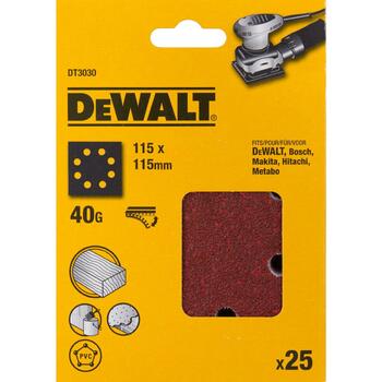 Dewalt 1/4 Лист DT3030-QZ 115mm x 115mm 40G Многоцелевой шлифовальный бумага 25 шт, Термостойкий клей, Стеаратное покрытие (DT3030-QZ)