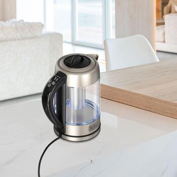 Black+Decker BXKE2205E электрочайник, 2200W, 1.7L, 60-100°C, стекло, эргономичный, моющийся фильтр (ES9580110B)