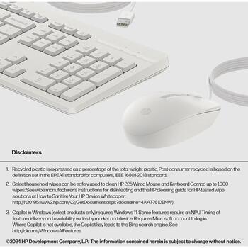 HP 225 проводной комплект мыши и клавиатуры AW5S6AA#ACB, USB, 1200 DPI, оптическая, 3 кнопки, полноразмерная, белая, для офиса (AW5S6AA#ACB)