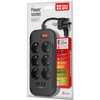 Colorway Электрическая розетка CW-CHE64B, 17W, 10A, 250V, 6 евроразъемов, 4xUSB, 2м медный кабель, защита от детей (CW-CHE64B)