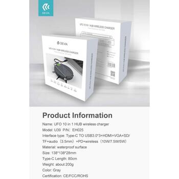 Devia USB хаб 10in1 HUB 120EH0250001, 2xUSB-A, 1xUSB-C PD, 1xHDMI, 1xRJ45, 1xSD, 1xTF, 1x3,5mm, 1xVGA, 1xQi, серый (120EH0250001)